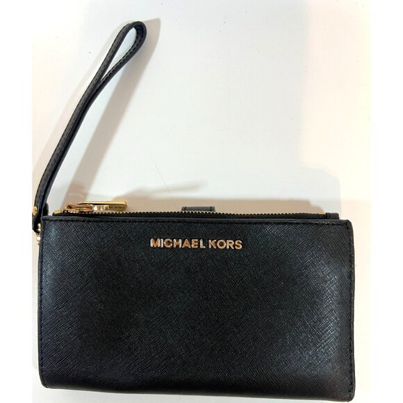 Michael Kors Black Saffiano Leather Wallet Wrist Strap Card Slots 2 zip pockets - Picture 1 of 7